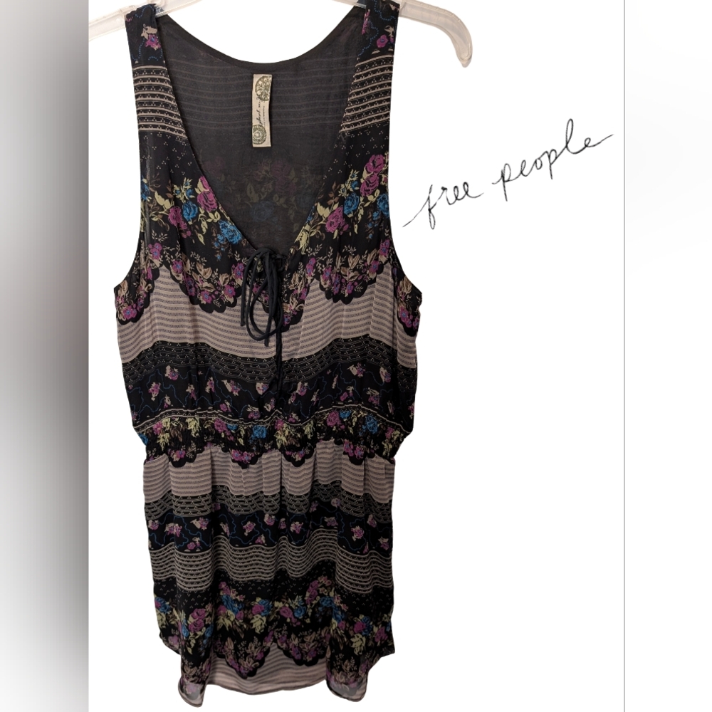 Free People Stripe And Floral Dress. Sleeveless Tunic Style. Chiffon Layer. Boho